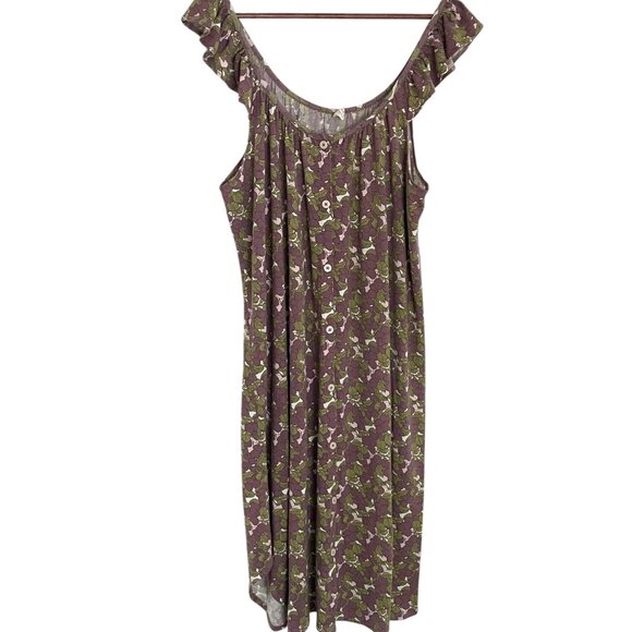 Kate Quinn Flutter Sleeve Button Front Midi Dress XXL 2X Purple Green Plum Print - Picture 2 of 5
